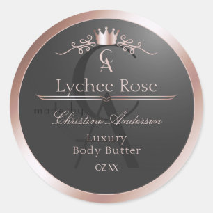 Anthrazit-Produktetikett Roségoldrahmen-Monogramm Runder Aufkleber