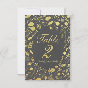 Anthrazitgraue und goldene Blumen-Hochzeitstischka Einladung