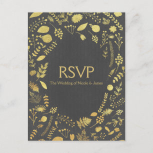 Anthrazitgraue und goldene florale Hochzeits-RSVP- Einladungspostkarte