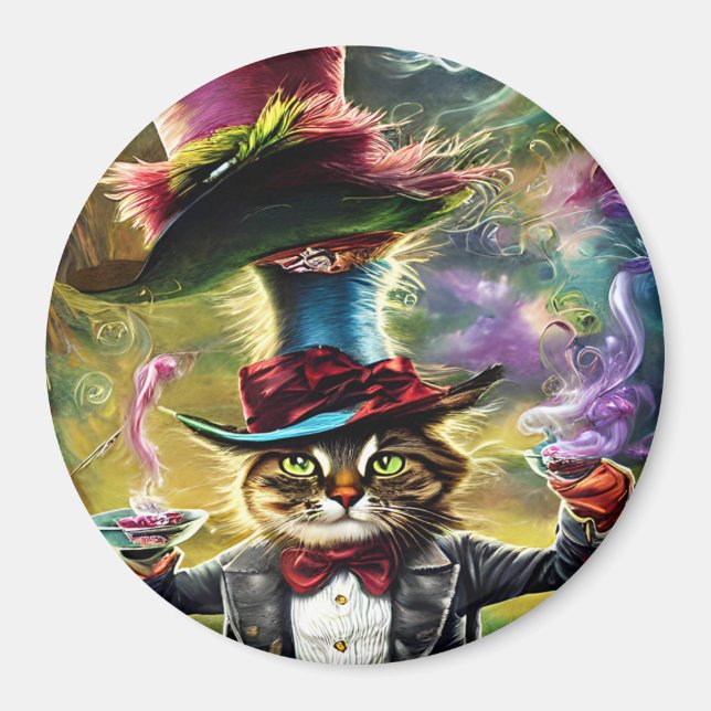 Anthropomorphe Katze Mad Hatter Fantasy Fairytale Magnet (Vorne)