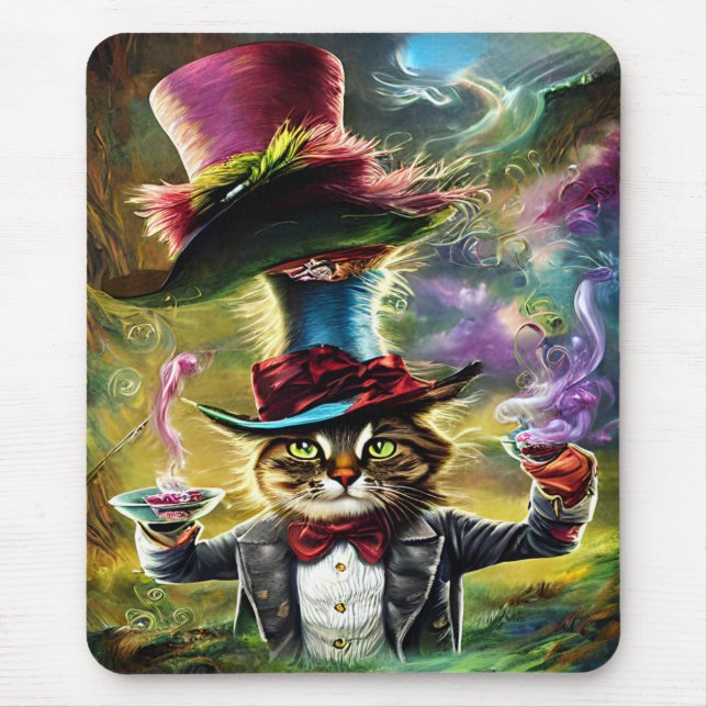 Anthropomorphe Katze Mad Hatter Fantasy Fairytale Mousepad (Vorne)