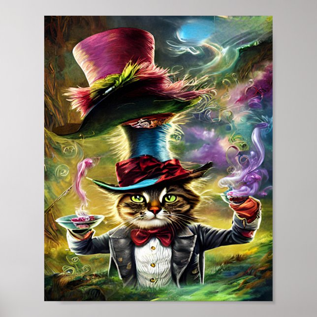 Anthropomorphe Katze Mad Hatter Fantasy Fairytale Poster (Vorne)