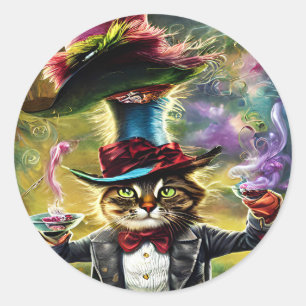 Anthropomorphe Katze Mad Hatter Fantasy Fairytale Runder Aufkleber