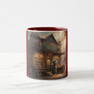 Anthropomorphe Katze vor einem Gemischtwarenladen Zweifarbige Tasse