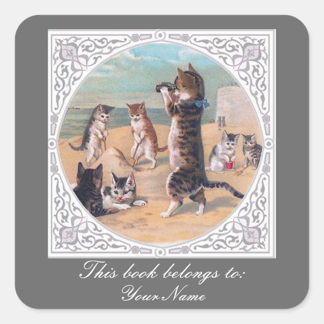 Anthropomorphe Katzen am Strand Quadratischer Aufkleber (Vorderseite)