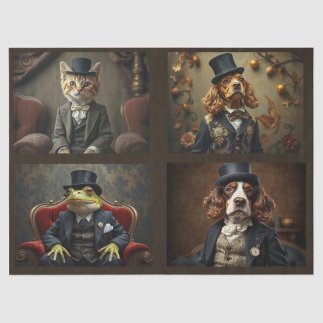 Anthropomorphe Tiere, Katzen, Hunde, Frosch Seidenpapier (Vorderseite)