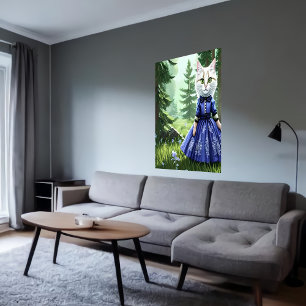 Anthropomorphe weiße Katze in blauem Kleid Art d Poster