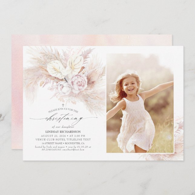 Anthurium Pampas Grass Floral Christening Foto Einladung (Vorne/Hinten)