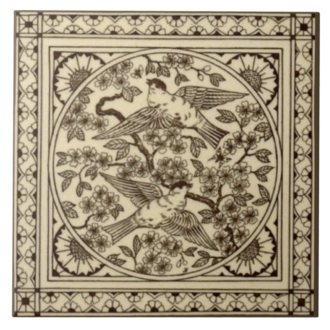Antiästhetische Japanisch Sepia Bird Tile Repro Fliese (Vorderseite)