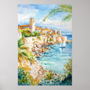 Antibes Aquarell Vintage Reiseposter Skifahren Poster