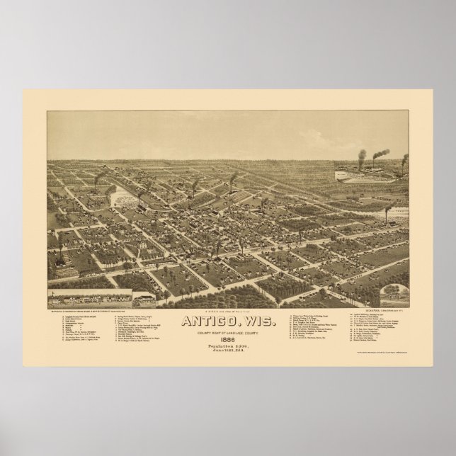 Antigo, WI Panorama Karte - 1886 Poster (Vorne)