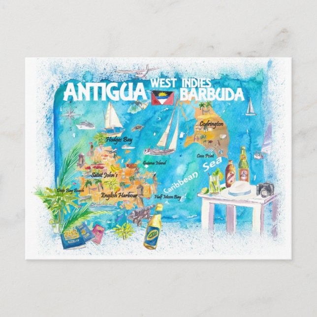 Antigua Barbuda Antilles Illustriert Karibik Postkarte (Vorderseite)