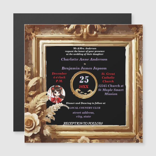 Antik 3D Golden Floral Botanischer Rahmen Magnetkarte (Vorne/Hinten)