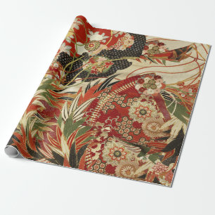 ANTIK-JAPANISCHE BLUMEN Rot Grün Schwarz Floral Geschenkpapier