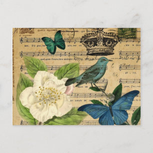 antik Kronenvogel Musiknoten französisch botanisch Postkarte