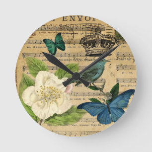 antik Kronenvogel Musiknoten französisch botanisch Runde Wanduhr