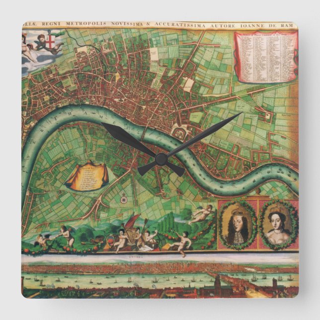 Antik London Street Map von Johannes de Ram, 1689 Quadratische Wanduhr (Vorderseite)