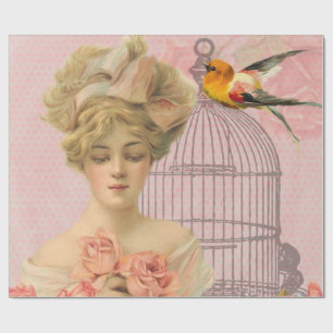 Antik. Viktorianische Dame und Vogelkäfig. Geschenkpapier