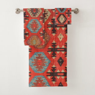 Antik Vintage verbranntes Rot Kilim Türkisch  Badhandtuch Set