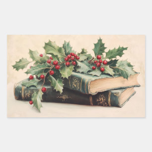 ANTIKBÜCHER MIT STECHPALMEN Weihnachten im Vintage Rechteckiger Aufkleber