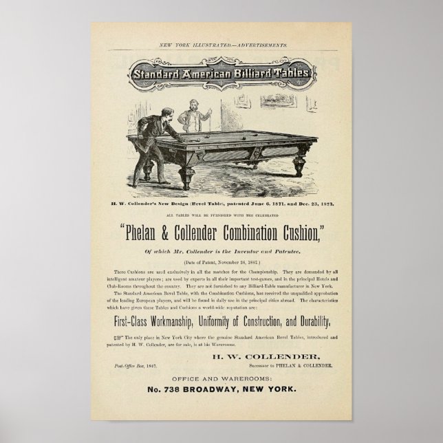 Antike 1874 Billiardtische und -tische Poster (Vorne)