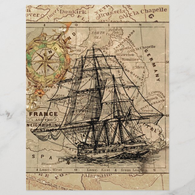 Antike Alte Frankreich Karte & Schiff (Vorderseite)