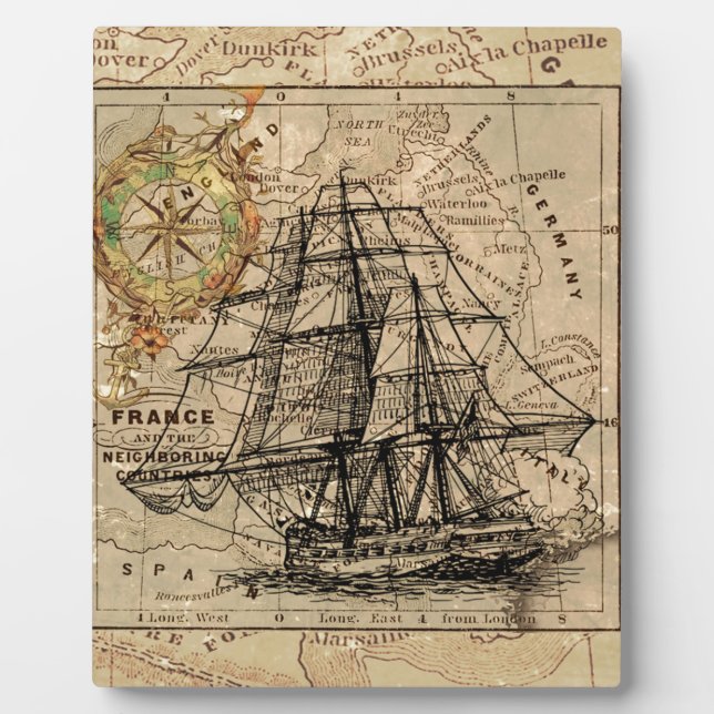 Antike Alte Frankreich Karte & Schiff Fotoplatte (Vorderseite)