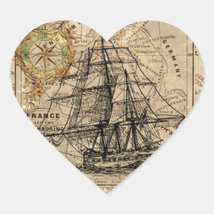 Antike Alte Frankreich Karte & Schiff Herz-Aufkleber