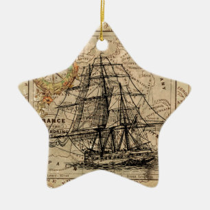 Antike Alte Frankreich Karte & Schiff Keramik Ornament