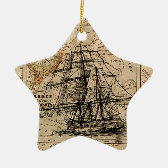 Antike Alte Frankreich Karte & Schiff Keramik Ornament (Vorne)