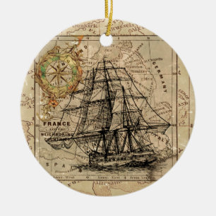 Antike Alte Frankreich Karte & Schiff Keramikornament