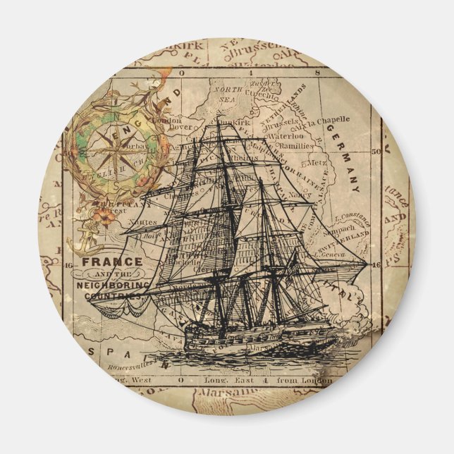 Antike Alte Frankreich Karte & Schiff Magnet (Vorne)