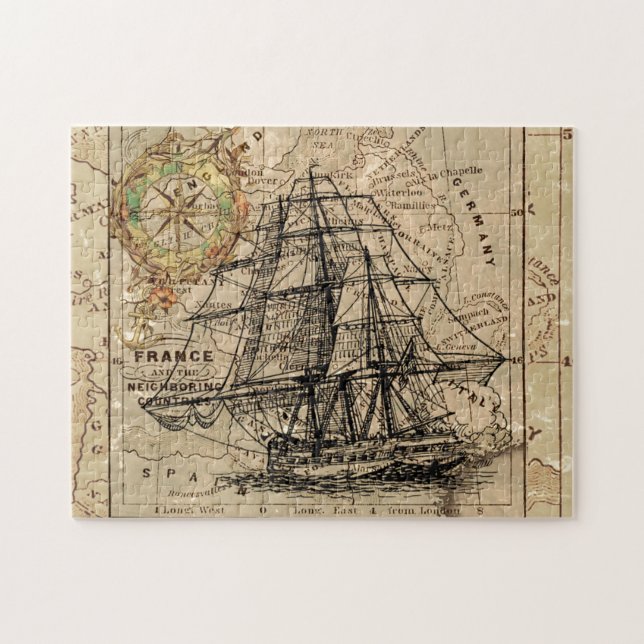 Antike Alte Frankreich Karte & Schiff Puzzle (Horizontal)