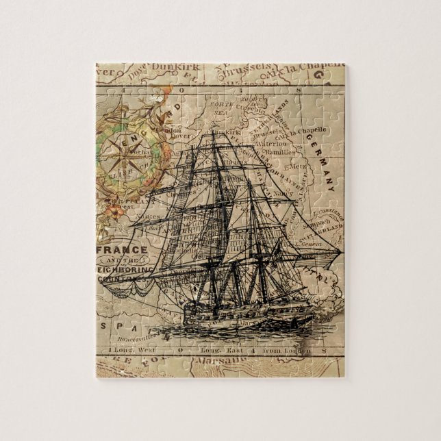 Antike Alte Frankreich Karte & Schiff Puzzle (Vertikal)