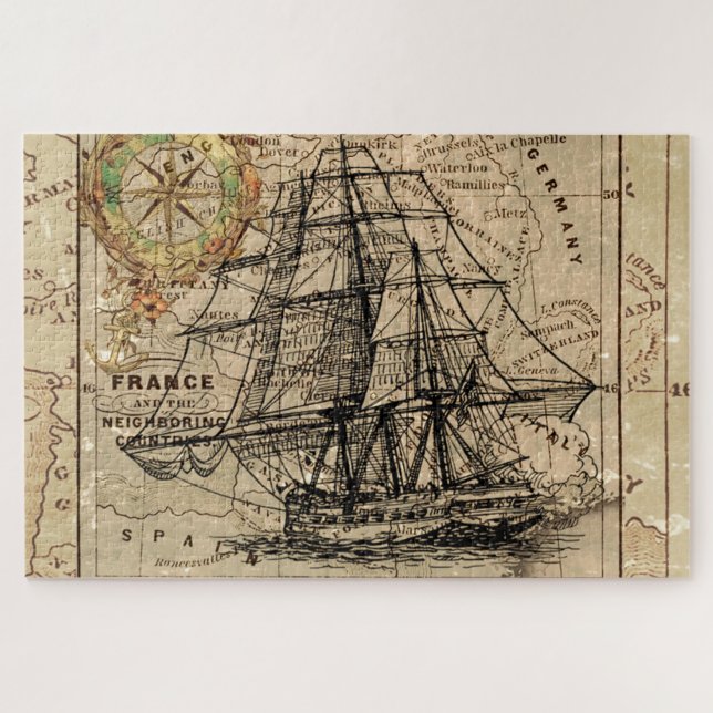 Antike Alte Frankreich Karte & Schiff Puzzle (Horizontal)