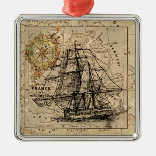 Antike Alte Frankreich Karte & Schiff Silbernes Ornament