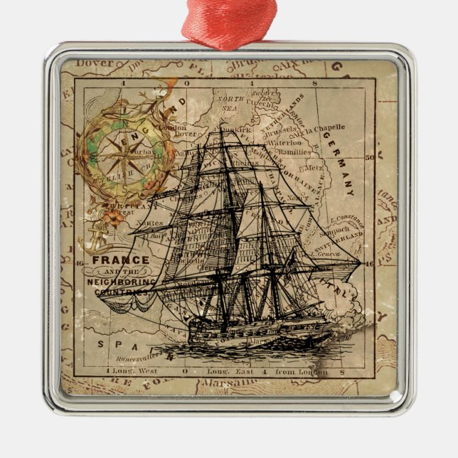 Antike Alte Frankreich Karte & Schiff Silbernes Ornament (Vorne)