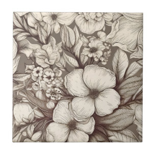 Antike Apotheker-Blumen-Sepia-Herbarium Fliese