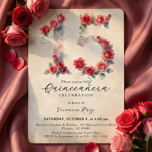 Antike Aquarell-Rote-Rosa-Rose-Quinceañera Einladung