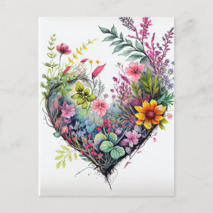 Antike Aquarellblumen und Herz-Liebeskarte Postkarte