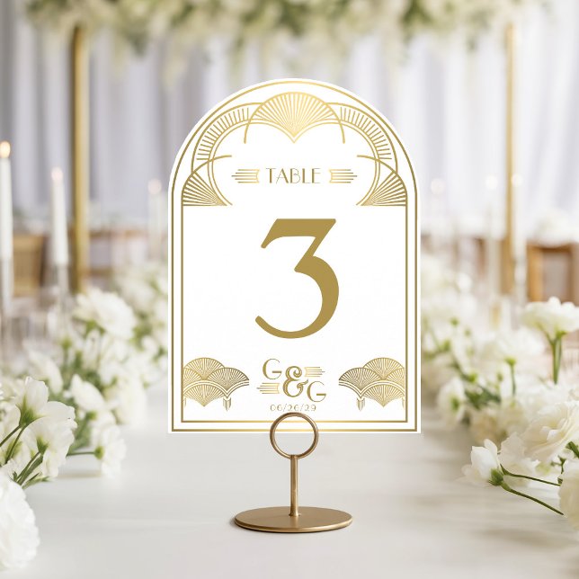 Antike Art Deco Goldene Bogen Hochzeit Tischnummer (Elegant gold printed vintage Art Deco retro monogram arch shape wedding reception table Number card)