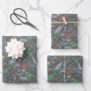 Antike Beeren Schmetterlinge Ringelblumen Nelken Geschenkpapier Set