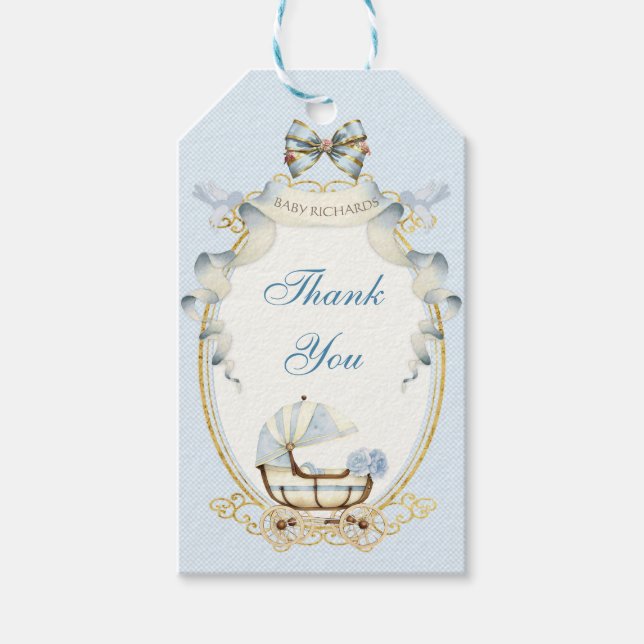 Antike Beförderung Blue Gold Rose Gingham Geschenkanhänger (Vorderseite)