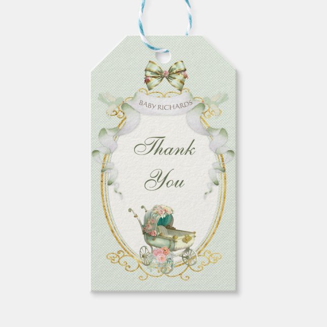 Antike Beförderung Green Gold Rose Gingham Geschenkanhänger (Vorderseite)