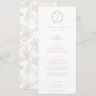 Antike beige Crest Monogramm Floral Hochzeitsmenü Einladung