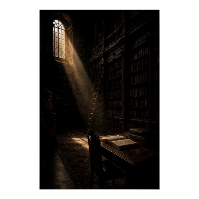 Antike Bibliothek Dramatisches Sonnenlicht Wandkun Poster (Vorderseite)