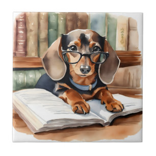 Antike Bibliotheks-Aquarell-Dachshund Fliese