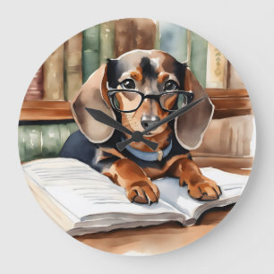 Antike Bibliotheks-Aquarell-Dachshund Große Wanduhr