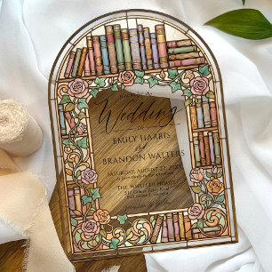 Antike Bibliotheksbücher Buntglas-Bogen-Hochzeit Acryleinladungen