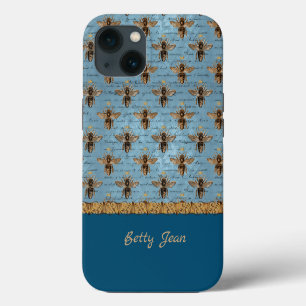Antike Bienen auf blauem Damast mit Handschrift iPhone 13 Hülle